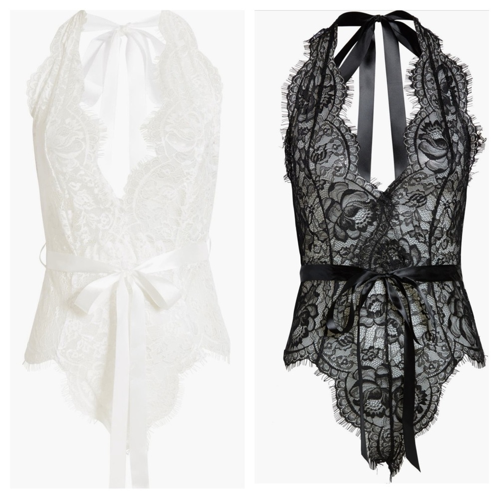 Oh La La Cheri Naomi Plunge Neck Lace Lingerie Bodysuit Black/White SET L/XL